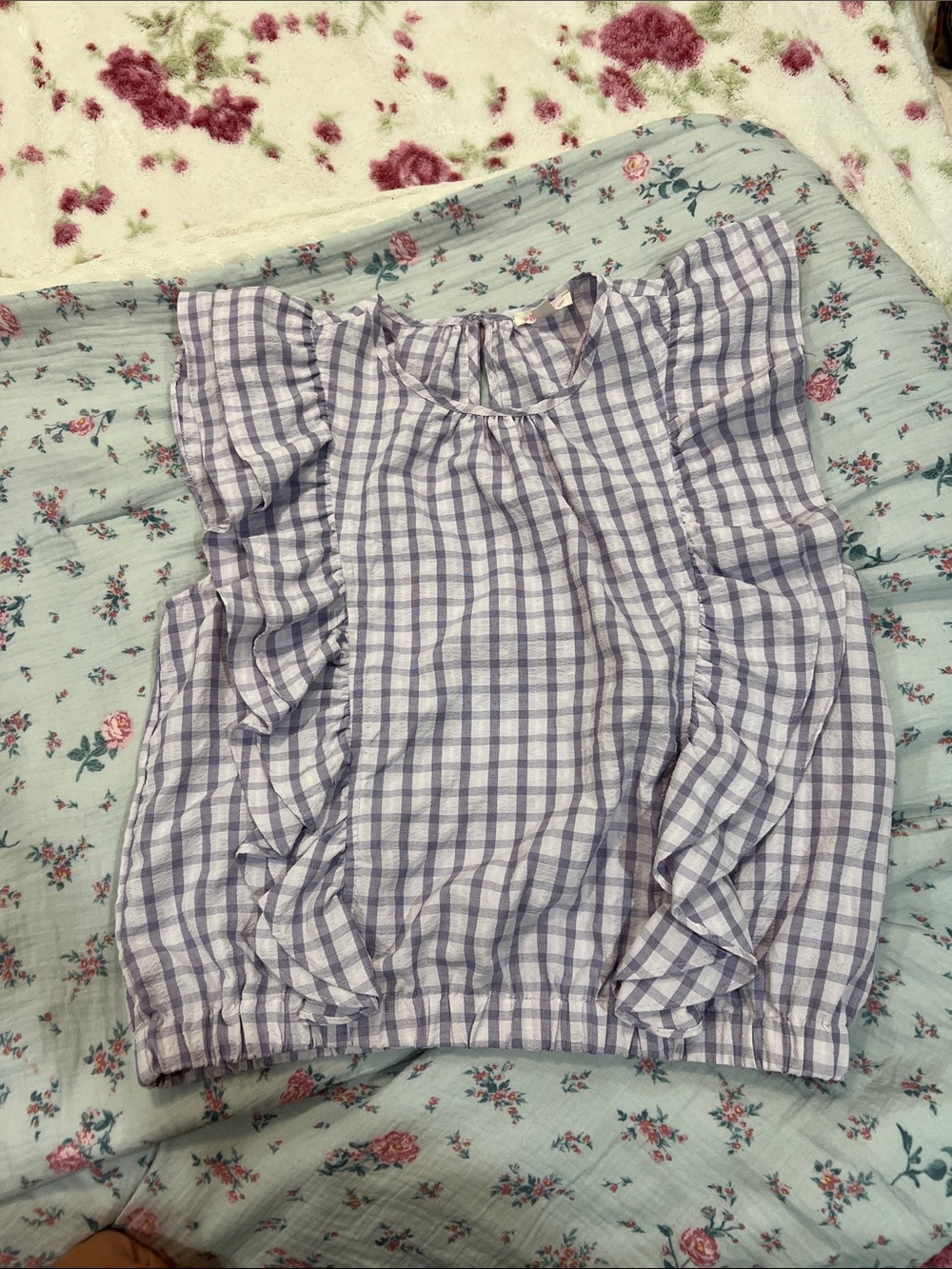 Riley & Rae Lavender Plaid Ruffle Sleeve Top - Picture 2 of 4